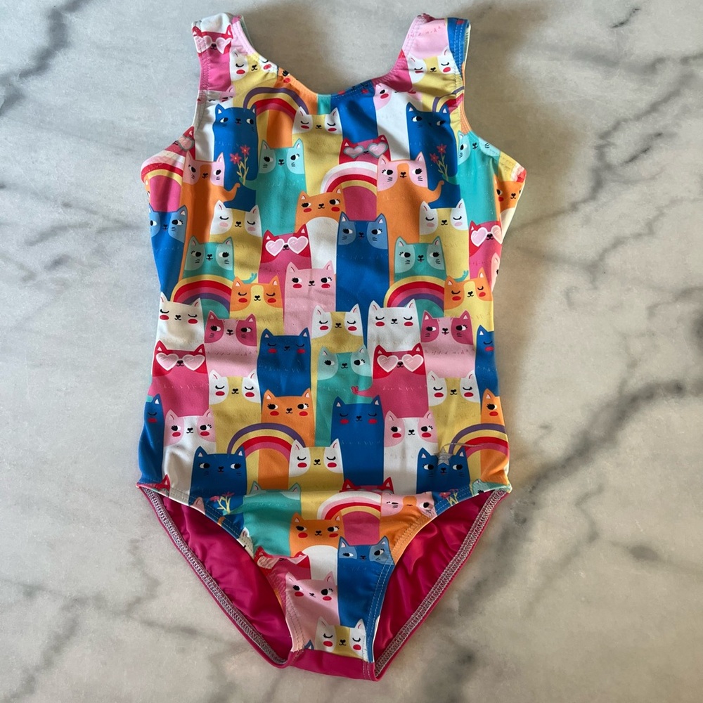 Girls' Rainbow Cat Print Leotard - Multicolor